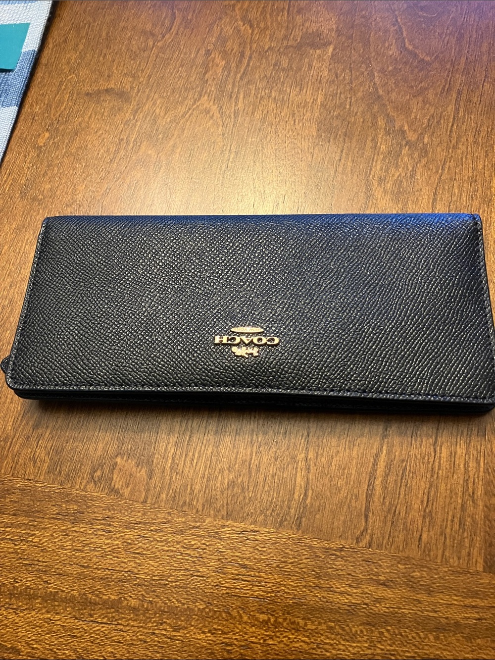 Coach Black Saffiano Continental Wallet with Gold Logo